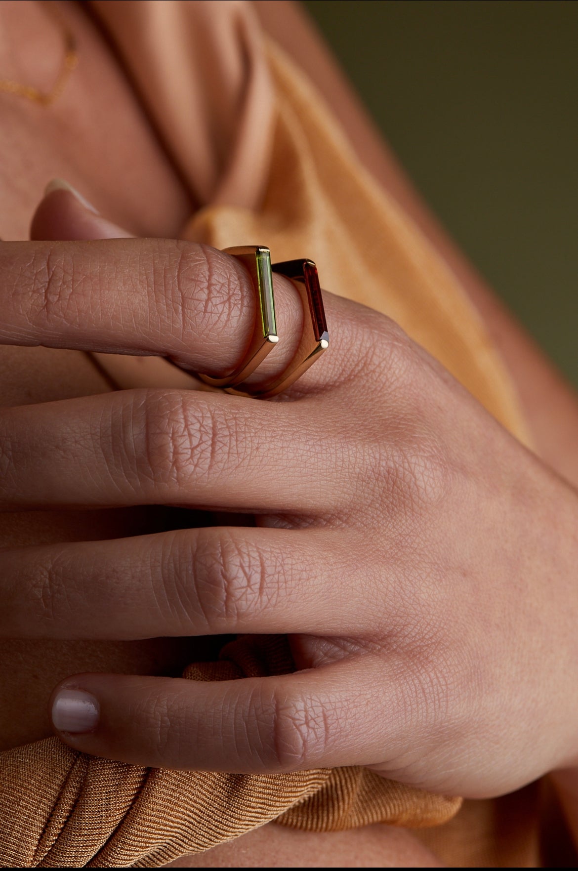 Solid Gold Slimline Baguette Ring - Green Tourmaline